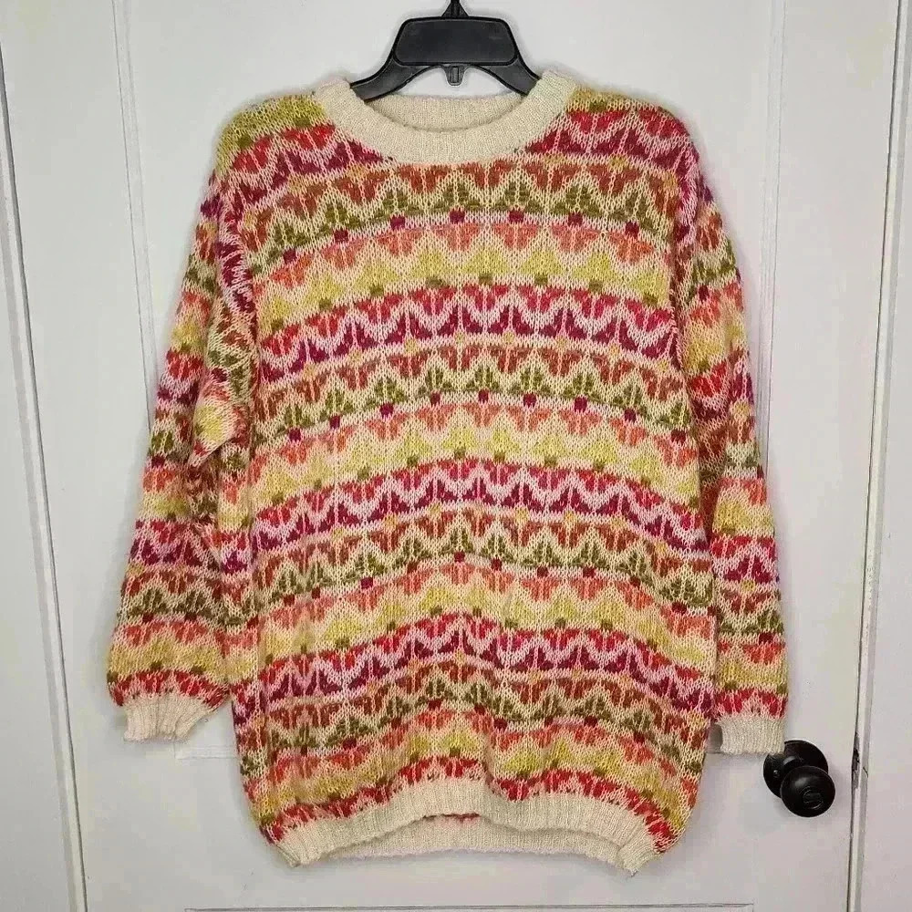 Benetton Sz Medium Sweater Pullover Multicolor Abstract Womens Mohair Wool Blend